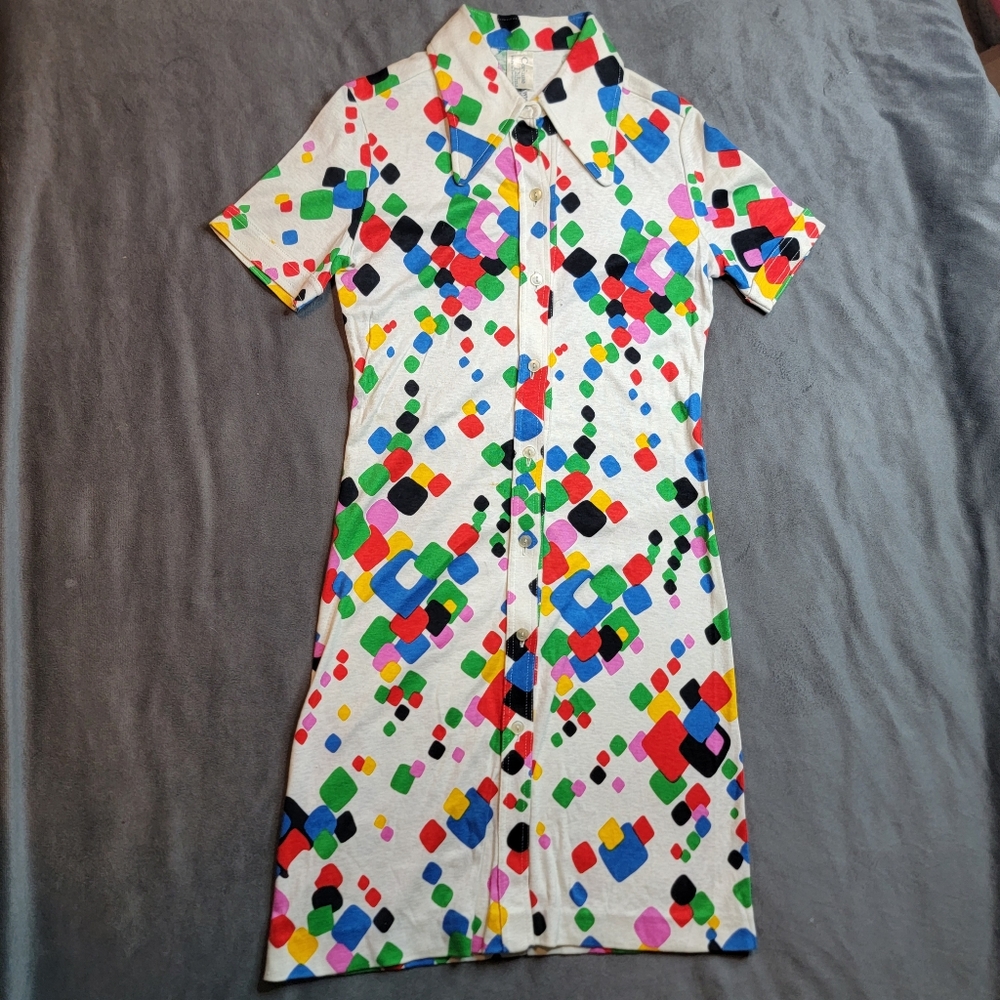 Vtg Corinne Dalma Abstract Button Dress Collar 60's 70's Hippie Festival Bright